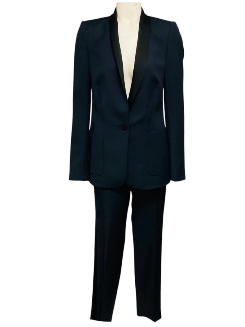 PALLAS NAVY BLUE / BLACK SATIN TRIMMED WOOL CREPE JACKET AND PANTS SUIT SET